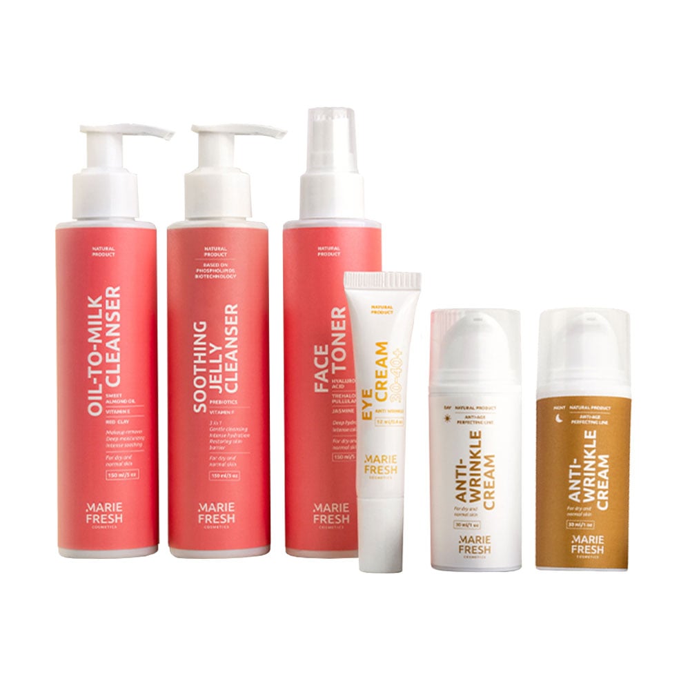 Уцінка! Набір Marie Fresh Cosmetics Комплексний догляд за зрілою сухою та нормальною шкірою обличчя, 6 продуктів (з гелем)